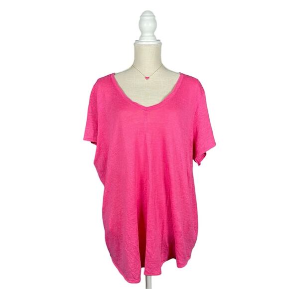 Tahari Tops - Tahari 100% Linen Shirt Women's Fuschia Pink 1X SS V-Neck Hi-Lo Hem Summer